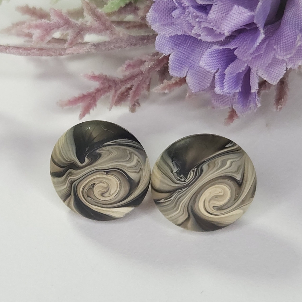 White Silver & Black Swirl Resin Gold Plated Post Earrings - Picture 9 of 9